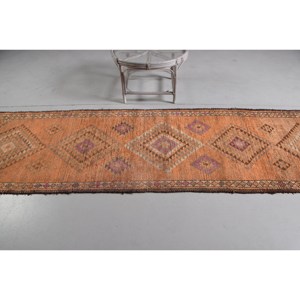 3.1x12.3 ft Turkish <b>Rug</b>, Vintage <b>Runner</b> <b>Rug</b>, Orange Brown Check <b>Rug</b> - Product Image 3