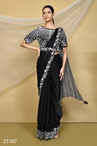 El último diseñador Chinon Seda Bordado Secuencia Trabajo Listo Para Usar Sari Por Fab Zone - Product Image 5