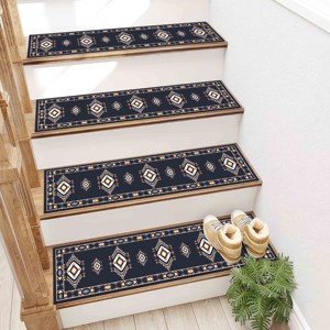 Navy Printed Rug, Modern Ethnic Pattern, <b>Machine</b> Washable, Stair Treads,<b>Step</b> Rug - Product Image 4