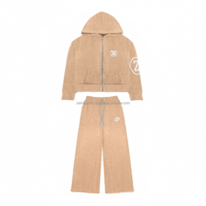 Chándal con cremallera de primera calidad, Sudadera con capucha de lana gruesa de invierno, 380 GSM, tela suave, color beige, chándal con estampado bordado de logotipo personalizado - Product Image 4