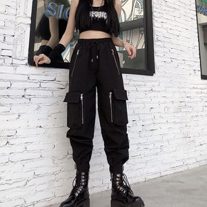 Pantalones Cargo Negros Estilo Gótico Hip-Hop para Mujer, Pantalones Holgados con Cadenas, Multibolsillos, Multicremalleras, Estilo Punk Gótico - Product Image 4