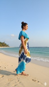 Robe d'été mi-longue en coton turquoise à imprimé floral tie-dye, col en V, manches bouffantes, taille naturelle, style bohème, écologique pour femme - Product Image 3