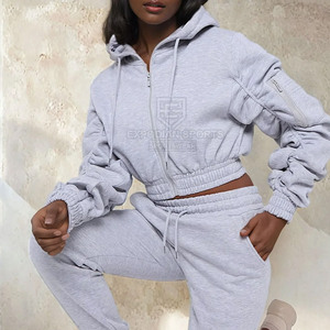 <b>Cropped</b> <b>Zip</b> <b>up</b> Winter Solid Jogger Set Women 2 Piece Casual Streetwear Eco-Friendly Breathable Long Sleeve - Product Image 6