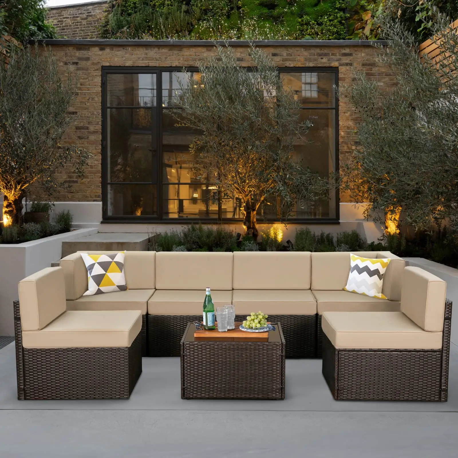 7-teiliges Gartenmöbel-Sofa garnitur aus PE-Rattan-Korbs ofa mit Kissen und Tee tisch