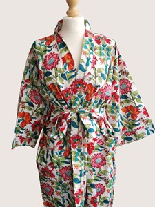 Bata Larga Estampada Floral para Mujer, Manga Tres Cuartos, 100% Algodón, Estilo Casual de Verano, Cierre con Cordón - Product Image 4