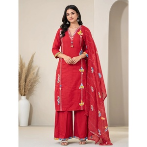 Conjunto de 3 Piezas para Mujer, Estampado Rojo, Algodón, Cuello en V, Transpirable, Estilo Palazzo, con Dupatta, Elegante, Diseño Tradicional Indio, Moda de Verano - Product Image 1