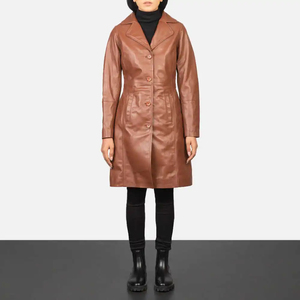 Abrigo de Cuero Tipo Gabardina para Mujer, Piel de Oveja Genuina, Color Marrón, Abrigo Largo de Invierno - Product Image 1