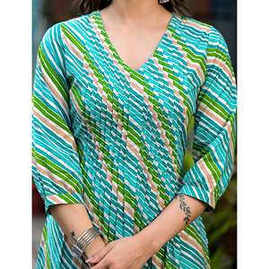 Kurti Droit en Coton Vert Lehariya pour Femme, Ensemble Salwar Ethnique Indien Imprimé à la Main, Tenue de Soirée Moderne, Dernière Collection Cousue - Product Image 2