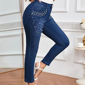 Pantalones Vaqueros de Mezclilla con Lavado Ácido, de Pierna Ancha y Cintura Alta, Adornados con Cristales, para Mujer, Novedad - Product Image 3