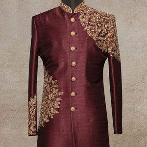 2023 Latest Stylish Embroidery on Sherwani Raw Silk <b>Pants</b> with Matching Shoes for Weddings and Parties - Product Image 1