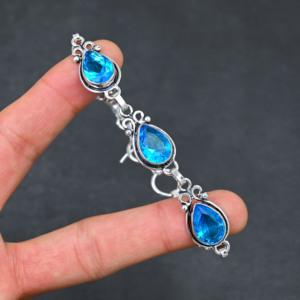 Piedra preciosa de Topacio Azul creada en laboratorio 10X14 MM pera hecha a mano 925 pulsera plateada 7-8 pulgadas joyería de diseñador - Product Image 4