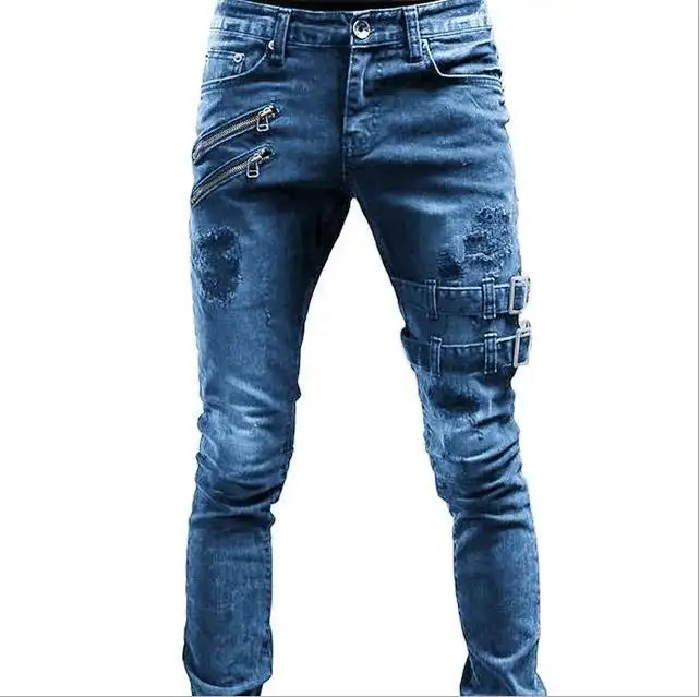 Best 2023 Fashion Street Style Ripped Skinny Jeans Men Vintage Wash Solid Denim Trouser Mens Casual Slim Fit Denim Pants