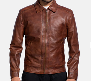 Veste en cuir véritable marron pour homme, col rabattu, fermeture éclair, style décontracté, automne-hiver - Product Image 1