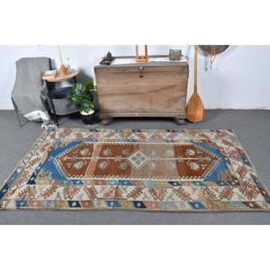 Tapis turc vintage 3.9 X 7.2ft marron bleu Patchwork Design laine Latex plat tissage Technique pour salon couloir décorations - Product Image 1