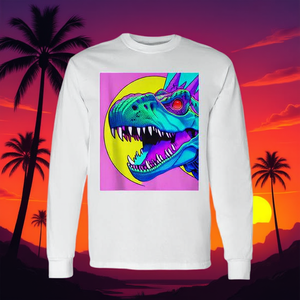 <b>T</b>-Rex Overtaking The Sun Long Sleeve <b>T</b>-<b>Shirt</b> <b>Neon</b> Dinosaur Design Unisex Fit - Product Image 3