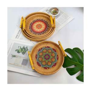 Plateau en rotin rond moderne fait à la main taille personnalisée incrustation de coquille de nacre plateau de service décoration de la maison plateau d'incrustation de coquillage - Product Image 2