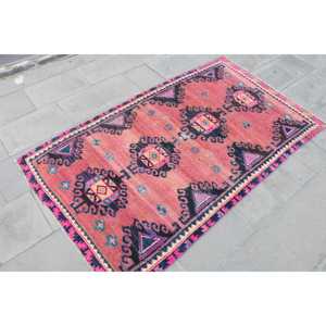 Vintage Turkish Accent Rug 3.37x5.8 ft, <b>Red</b> Blue Striped <b>Wool</b> Rug - Product Image 3