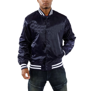 Custom Navy Silk Satin <b>Baseball</b> Bomber <b>Jacket</b> <b>for</b> <b>Men</b> Varsity Style with Button Ribbed Cuffs Striped Collar Stand Winter Canvas - Product Image 1