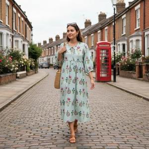 Summer Floral Hand Block <b>Print</b> Midi Bohemian Cotton Dress for Girls Women Manufacturer's Wholesaler Casual Style Gift - Product Image 3