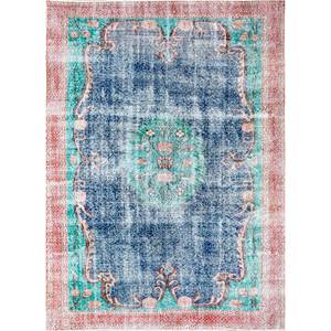 Alfombra Clásica Azul de Lana Anudada a Mano, Diseño Vintage Pae-2439 con Medallón Rectangular, Reciclada, para Habitación de Adolescentes, Sala de Estar o Pasillo - Product Image 1