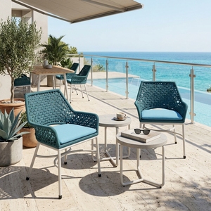 Teal Outdoor <b>Dining</b> <b>Armchair</b> White Aluminium Frame Synthetic Ropes Blue Cushion Patio Setup Art Design Decor - Product Image 2