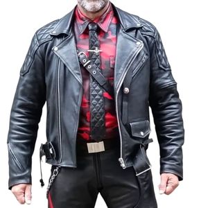 C'est une veste de motard en cuir véritable noir matelassée. - Product Image 5