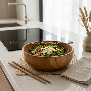 Plateau et ensemble de vaisselle en bois de teck écologique de 7,8 pouces de diamètre avec saladier et assiettes de 2,3 pouces de hauteur, emballé dans un carton - Product Image 6