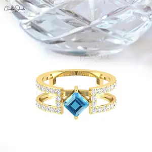 Swiss Blue Topaz Parallel Split Shank Ring 14k Solid Gold White Diamond Pave Set Double Band Ring Handcrafted jewelry Supplier