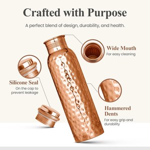 Bouteille d'eau en cuivre Divris 1000 ml, finition martelée, écologique, sans danger pour les aliments, portable, pour les voyages en plein air, couvercles inclus, design moderne - Product Image 5