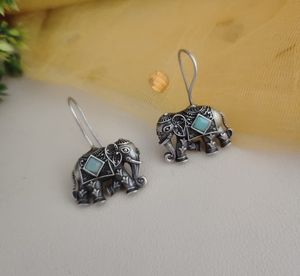 Women's Silver-Looking Brass <b>Elephant</b> Statement <b>Earrings</b> Traditional Boho Festive Casual Wear Ethnic Fashion Drop Jewelry - Product Image 2
