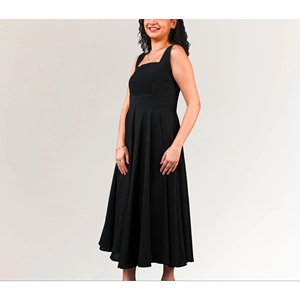 Vestido Midi Negro de Algodón para Mujer, Estilo ODM, Elegante y Casual, con Cuello Cuadrado, Cintura Natural, Transpirable, Largo hasta la Rodilla - Product Image 4
