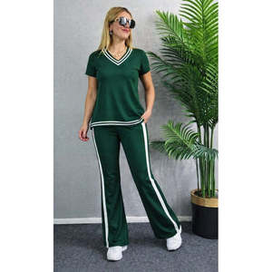 Ensemble deux pièces pour femme, chemisier à manches courtes et col en V en viscose à deux fils et pantalon, 36668 - Vert - Product Image 1