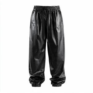 <b>Baggy</b> Fashionable Leather <b>Pants</b> <b>Women</b> Wide Leg Drawstring Waist <b>Cargo</b> Leather <b>Pant</b> Ladies Motor Biker PU Leather <b>Pants</b> <b>Women's</b> - Product Image 3