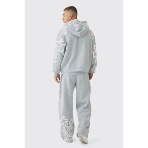 Vente en gros de tissu 100% coton de qualité supérieure 400 GSM sweats à capuche avec fermeture éclair ensemble de pantalons de survêtement surdimensionnés avec impression bouffante - Product Image 5