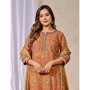 Orange Jaal Hand Drawn <b>Block</b> <b>Printed</b> Cotton Kurta Pant Set Heavy Net Indian Pakistani for Daily Wear Parties Ethnic Occasions - Product Image 1