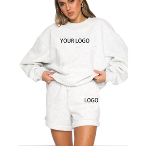 Conjunto de Sudadera y Pantalones Cortos de 2 Piezas para Mujer, Estilo Casual, Tejido de Punto Grueso de Algodón y Felpa de 240 g/m², Cuello Redondo, Estampado Personalizado OEM - Product Image 2