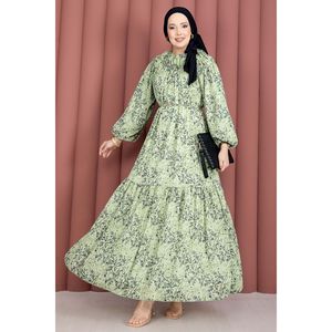 Vestido Hijab de Chifón con Estampado Floral y Cintura Imperio, Diseño con Pliegues Delanteros y Detalle de Moda - Product Image 3