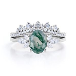 Bague d'éternité de mariée en agate verte mousse et diamant coupe ovale en argent sterling 925 Bague de fiançailles en agate mousse diamant - Product Image 6
