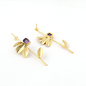 Pendientes Largos de Diseño con Hoja de Amatista Natural sin Cortar, con Varilla de Latón, Chapados en Oro de 18k, para Mujer - Product Image 4