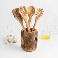 Porte-ustensiles élégant rustique méditerranéen sculpté à la main ArtisRaw en bois d'olivier tunisien, pour la cuisine et les restaurants