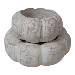 Juego de 2 cuencos de velas de madera de mango texturizado tallados a mano, en forma de calabaza para el hogar, jardín, cuenco de Navidad, farolillos, tarros - Product Image 1