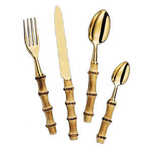 Juego de cubiertos de acero inoxidable con mango de bambú natural con diseño elegante, perfecto para cenas en hoteles, bodas y vajilla elegante - Product Image 1