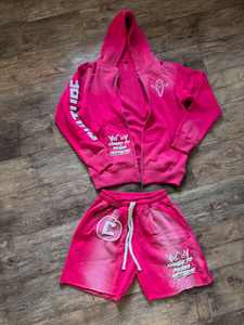 Trajes de chándal personalizados Conjunto de 2 piezas Serigrafía Bordado Diamantes de imitación Chándales para hombres Zip Hoodie Short Set - Product Image 4