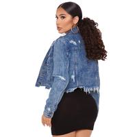 Vêtements chauds d'hiver Trou déchiré Effiloché Ourlet brut Bleu Automne Denim Vestes Trucker Femmes Manches Longues Cropped Jean Vestes Pour Femmes