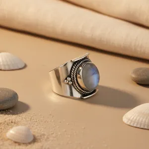 Anillo de cóctel Art Palace de plata 925 con piedra lunar, estilo bohemio, engaste de bisel, unisex, para uso diario - Product Image 1