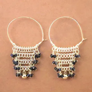 Boucles d'oreilles créoles tendance religieuses en argent 925 plaqué rhodium avec pierre précieuse bleue de forme princesse pour femmes - Product Image 2