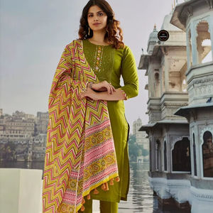 Traje Casual Elegante de Algodón Muselina con Parte Superior e Inferior, Estilo Dupatta, Parte Inferior Lisa Teñida, Largo hasta la Rodilla, Manga 3/4, Cintura Natural - Product Image 1