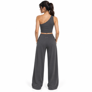 Women One Shoulder Crop Top <b>Wide</b> <b>Leg</b> <b>Pants</b> Two Piece Activewear <b>Lounge</b> Set High Waist OEM Private Label Wholesale - Product Image 2