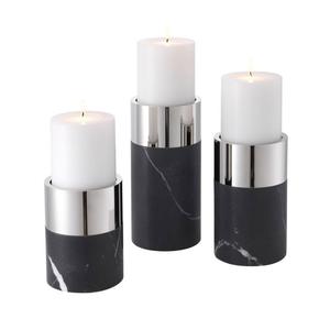 Gray Marble & <b>Gold</b> <b>Candle</b> Holder with Cylindrical Design and Lit White Pillar <b>Candles</b> Elegant Accent for Home & Hotels - Product Image 2