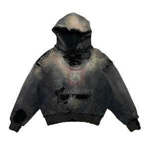 Sudadera con Capucha Vintage Negra con Lavado Ácido, Paneles de Hombro Acanalados, Sudadera de Felpa de Algodón Desgastada - Product Image 6